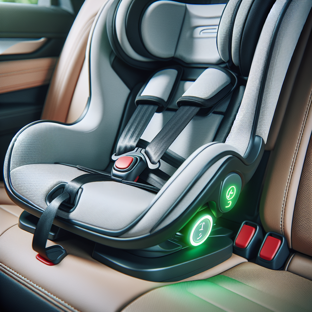 Nærbilde av ISOFIX-bilstol montert i moderne bil, med grønn indikator, støtteben og barnet i komfortabel positur, klart og lyst interiør